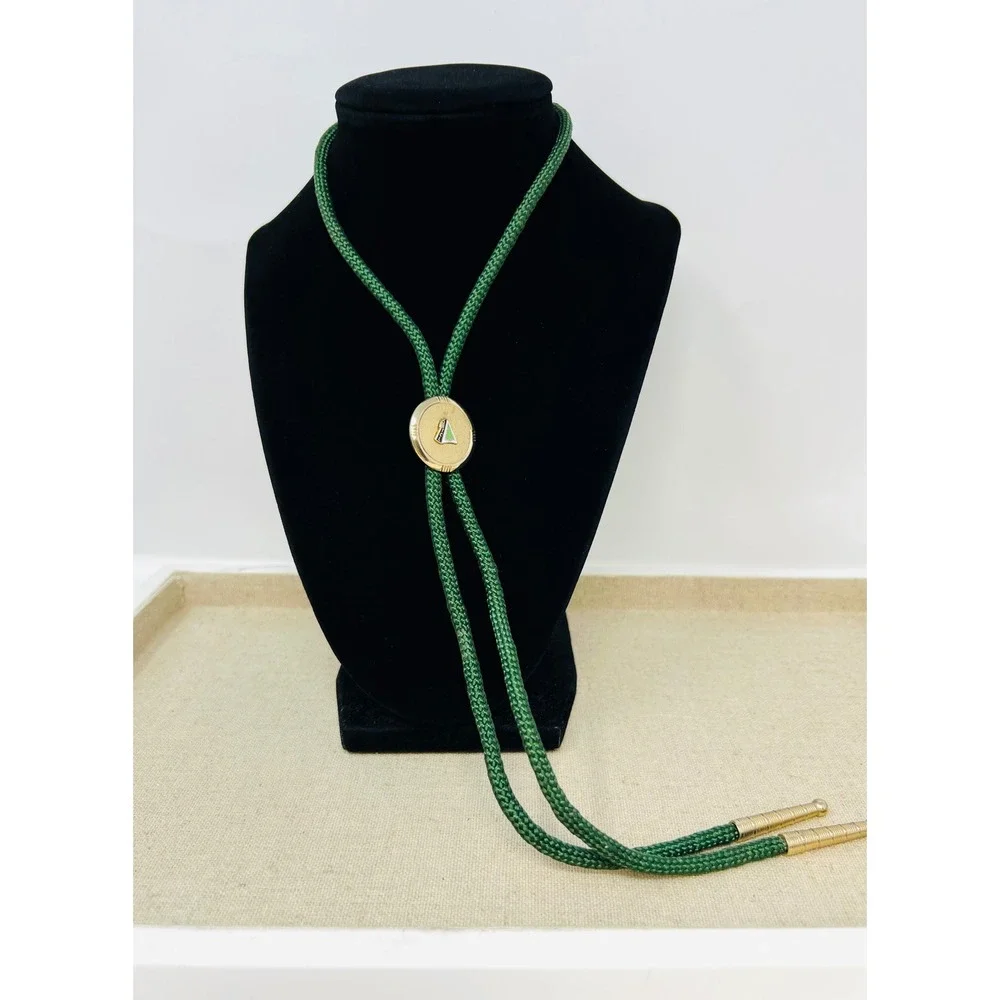 Vintage Keffner Providence OTCL Pine Tree Bolo Tie Green Cord Gold Tone Logo